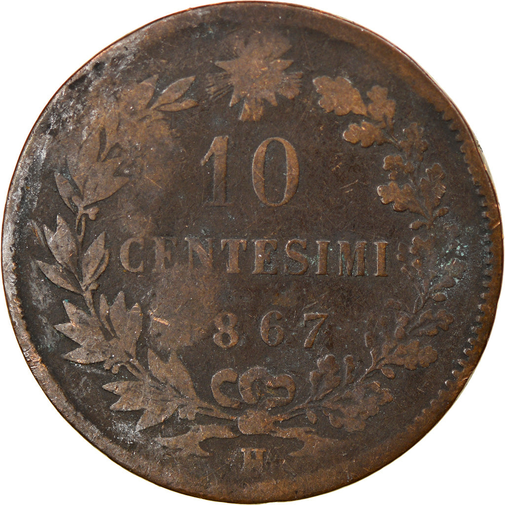 Moneda, Italia, Vittorio Emanuele II, 10 Centesimi, 1867, Birmingham, BC, Cobre