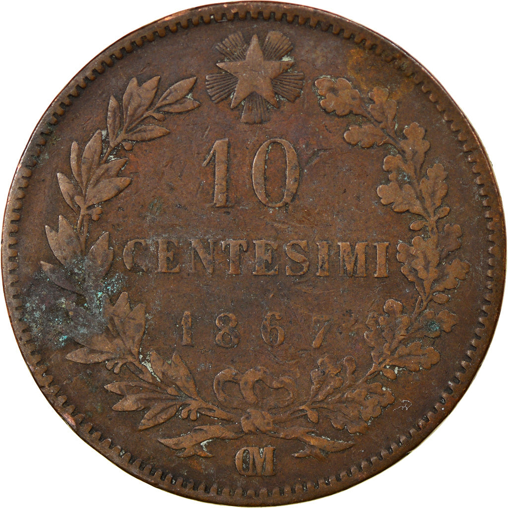 Moneda, Italia, Vittorio Emanuele II, 10 Centesimi, 1867, Strasbourg, BC, Cobre