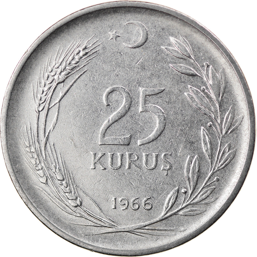 Moneta, Turchia, 25 Kurus, 1966, BB, Acciaio inossidabile, KM:892.2