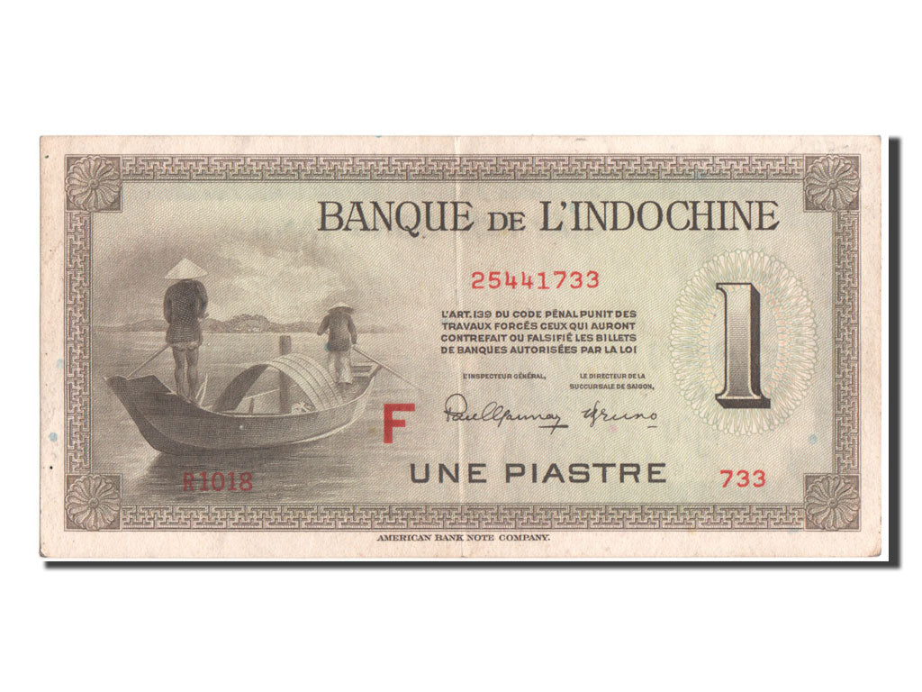 French Indo-China, 1 Piastre, 1945, KM #76c, AU(50-53), F25441733