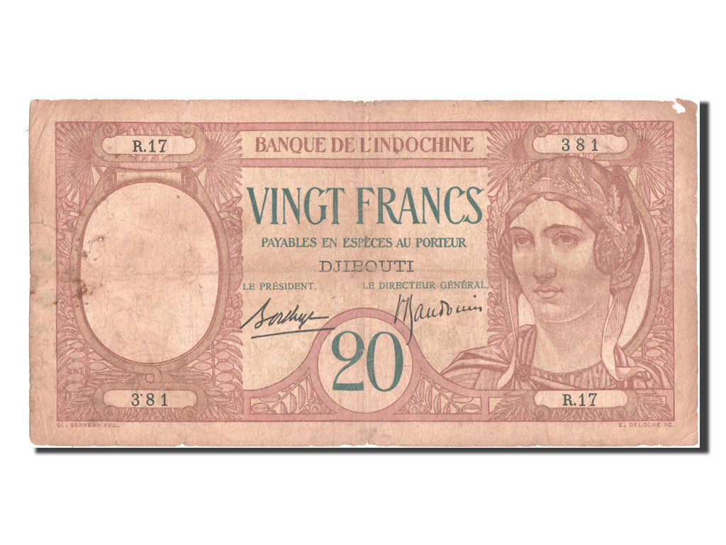 French Somaliland, 20 Francs, KM #7a, VF(20-25), R17