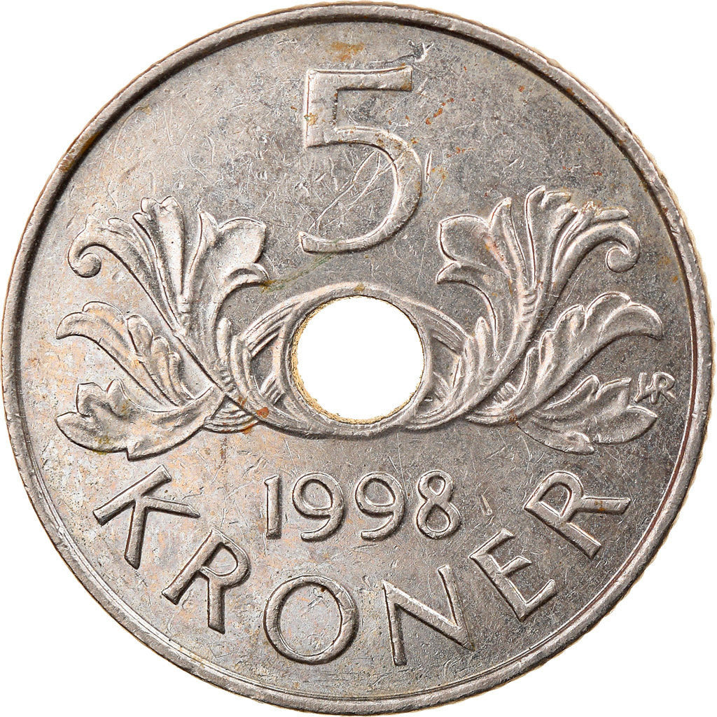 Moneda, Noruega, Harald V, 5 Kroner, 1998, MBC, Cobre - níquel, KM:463