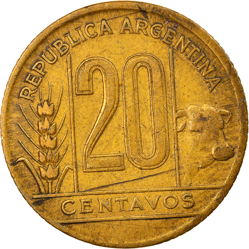 Moeda, Argentina, 20 Centavos, 1943, EF(40-45), Alumínio-Bronze, KM:42
