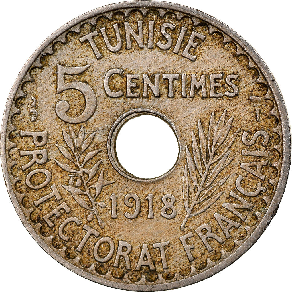 Coin, Tunisia, Muhammad al-Nasir Bey, 5 Centimes, 1918, Paris, EF(40-45)