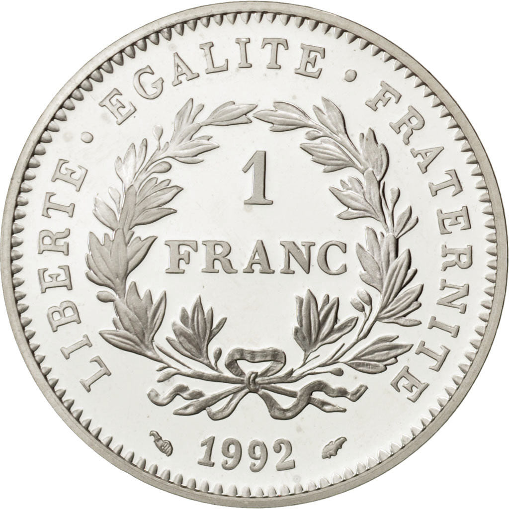 FRANCE, 1 Franc, 1992, KM #1005, MS(65-70), Silver, 15.55
