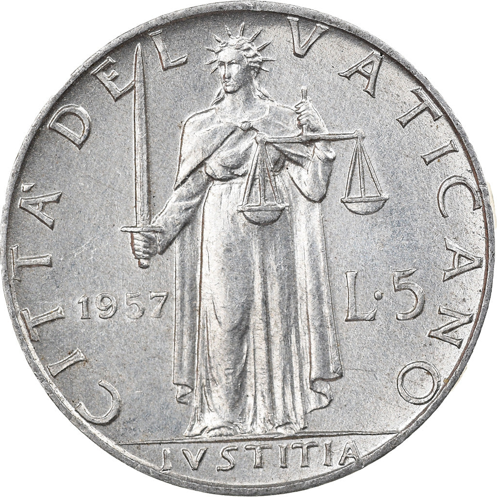 Moneta, PAŃSTWO WATYKAŃSKIE, Pius XII, 5 Lire, 1957, EF(40-45), Aluminium