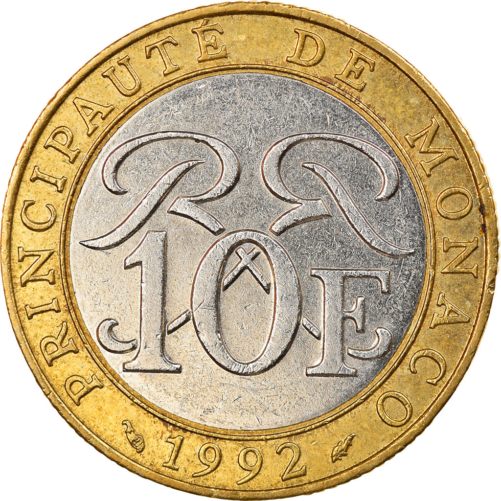 Coin, Monaco, Rainier III, 10 Francs, 1992, EF(40-45), Bi-Metallic, KM:163