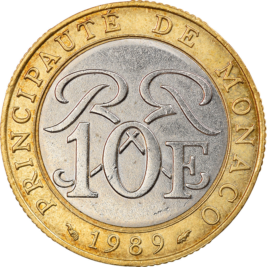 Münze, Monaco, Rainier III, 10 Francs, 1989, VZ, Bi-Metallic, KM:163