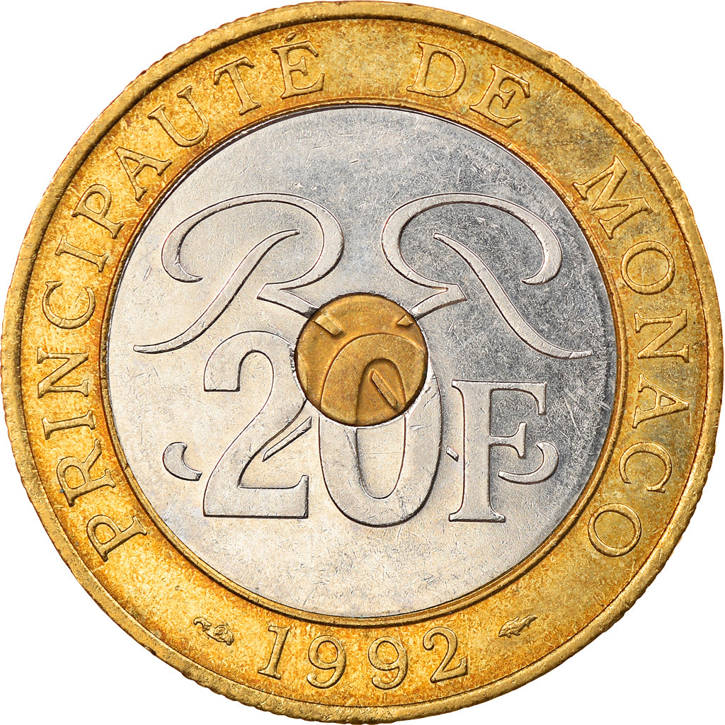 Coin, Monaco, Rainier III, 20 Francs, 1992, EF(40-45), Tri-Metallic, KM:165
