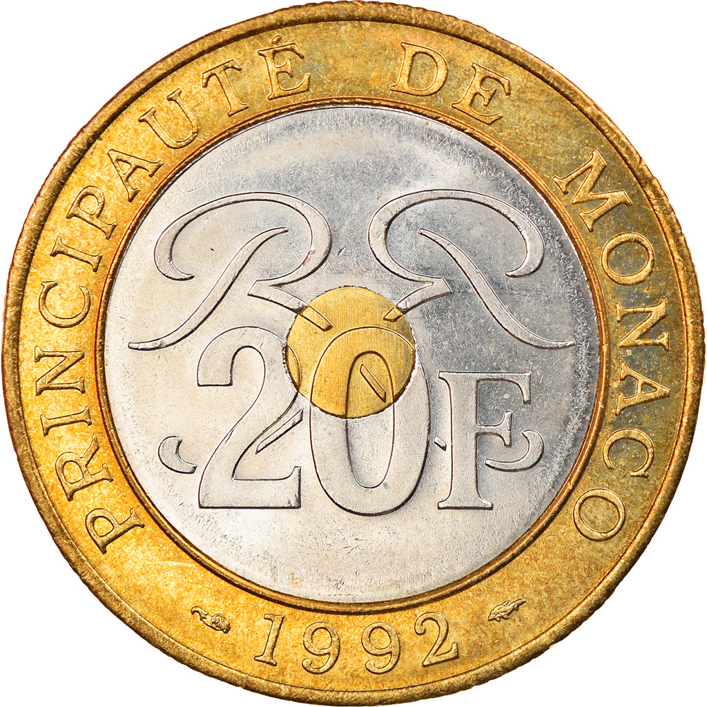 Coin, Monaco, Rainier III, 20 Francs, 1992, EF(40-45), Tri-Metallic, KM:165