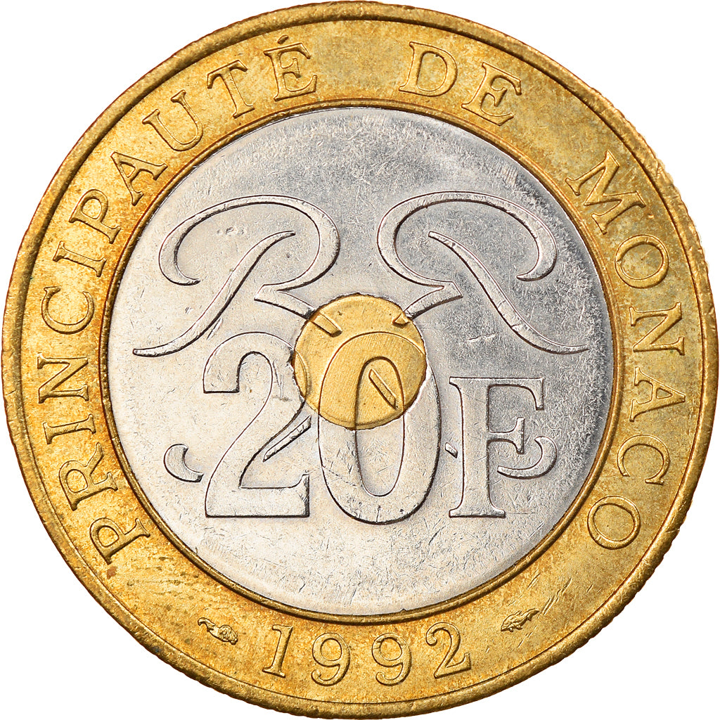 Coin, Monaco, Rainier III, 20 Francs, 1992, EF(40-45), Tri-Metallic, KM:165