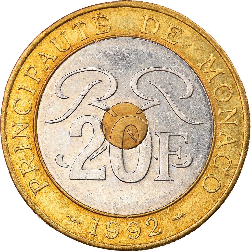 Coin, Monaco, Rainier III, 20 Francs, 1992, EF(40-45), Tri-Metallic, KM:165