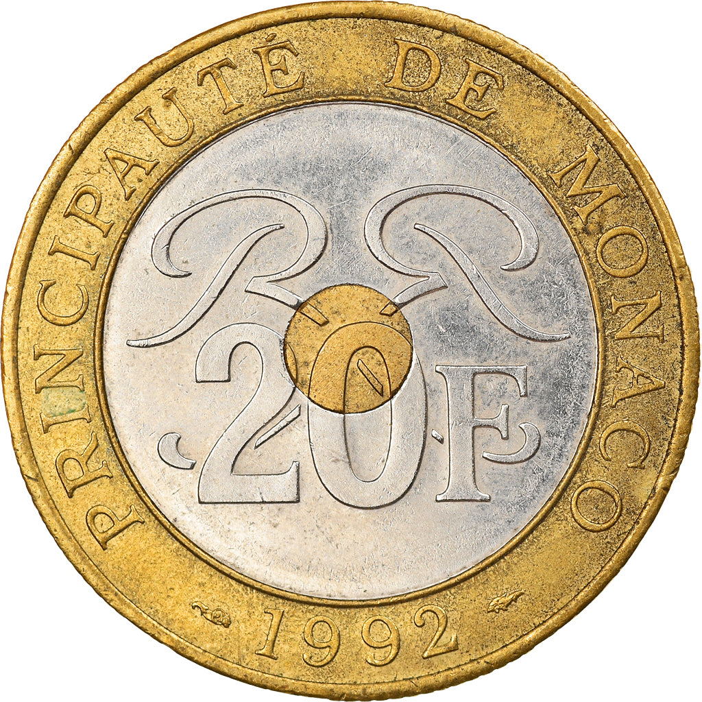 Coin, Monaco, Rainier III, 20 Francs, 1992, EF(40-45), Tri-Metallic, KM:165
