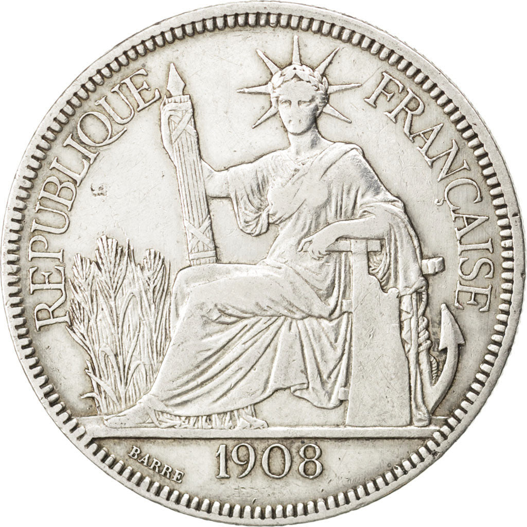 FRENCH INDO-CHINA, Piastre, 1908, Paris, KM #5a.1, EF(40-45), Silver, Lecompte..