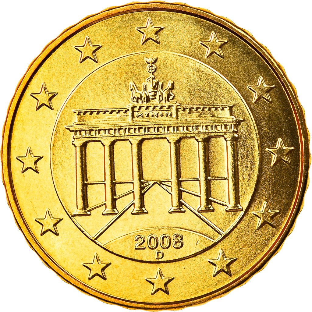 GERMANY - FEDERAL REPUBLIC, 10 Euro Cent, 2008, Munich, MS(65-70), Brass, KM:254