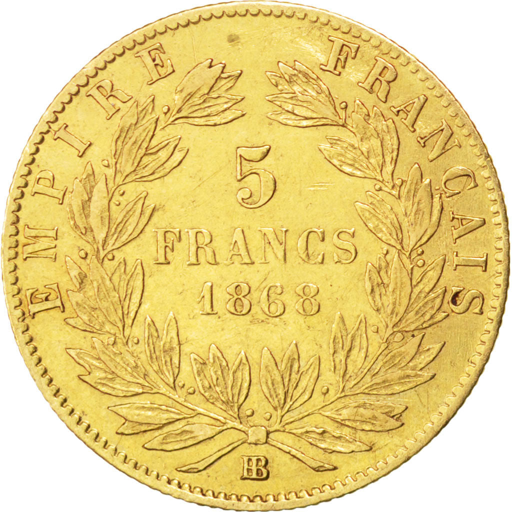 FRANCE, Napoléon III, 5 Francs, 1868, Strasbourg, KM #803.2, AU(50-53), Gold, G.