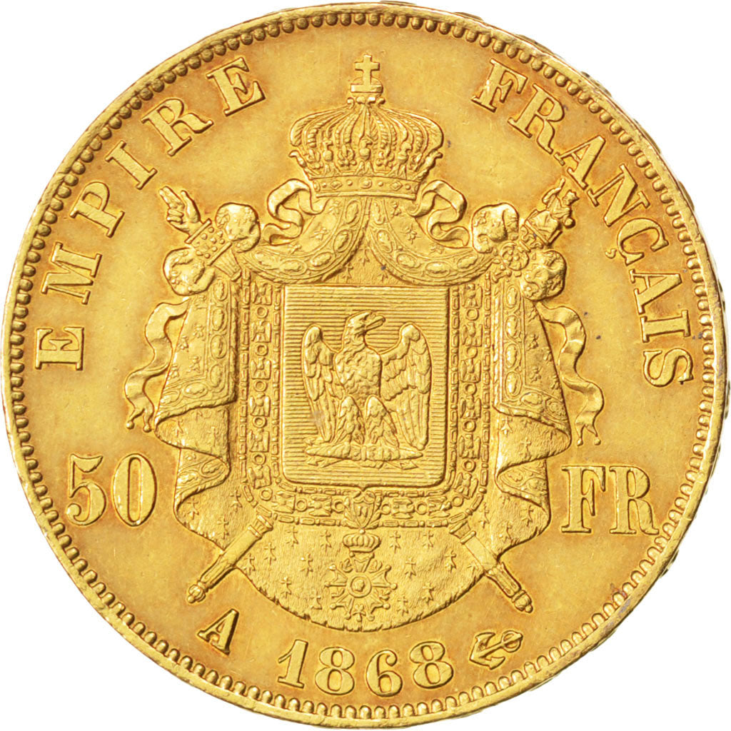 Second Empire, 50 Francs Or, Napoléon III tête laurée, 1868 A, KM 804.1