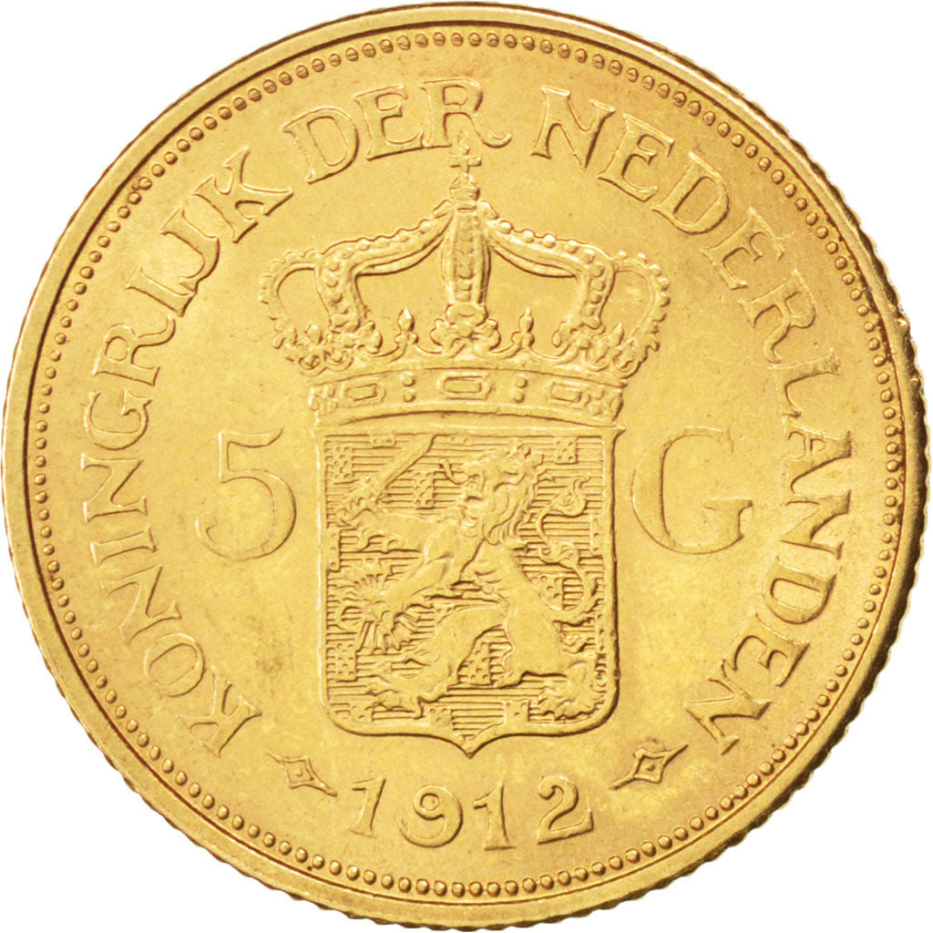 NETHERLANDS, 5 Gulden, 1912, KM #151, AU(55-58), Gold, 18, 3.36