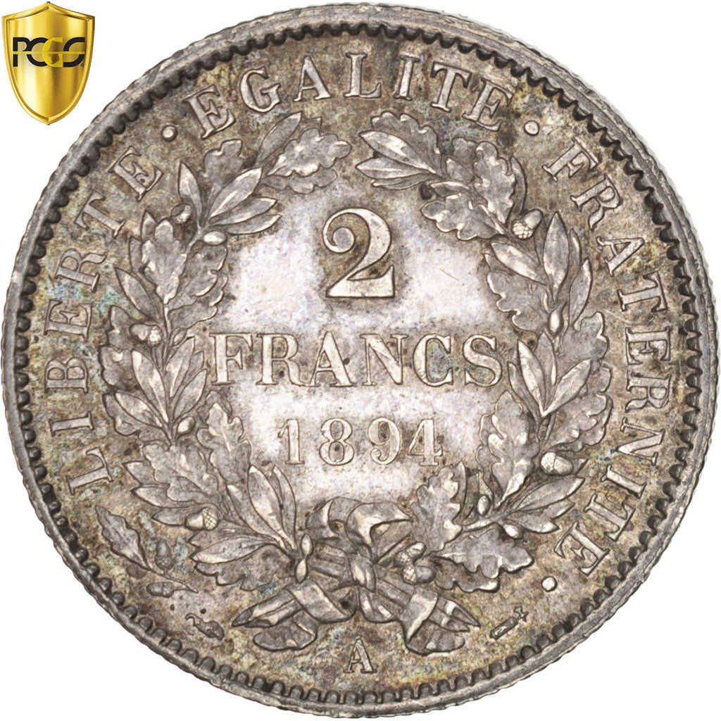Coin, France, Cérès, 2 Francs, 1894, Paris, PCGS, MS62, MS(60-62), Silver