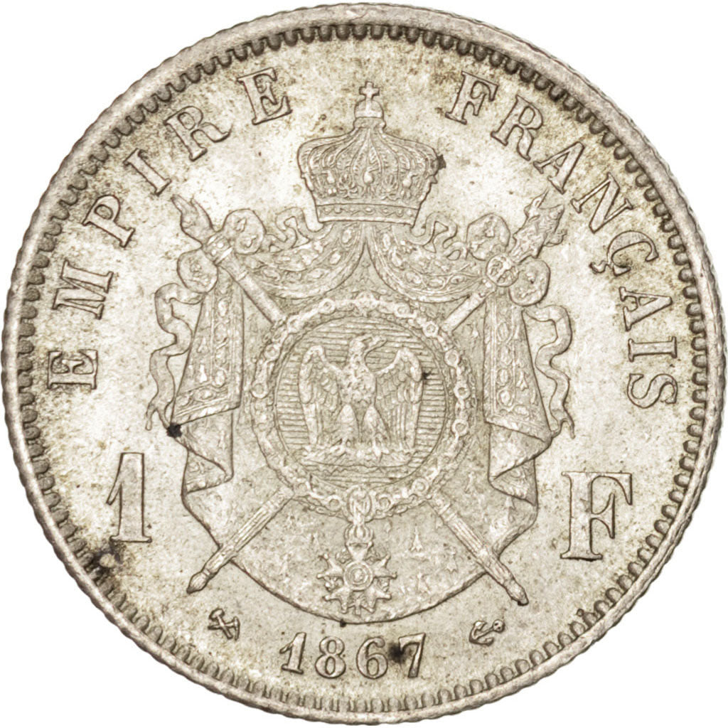 FRANCE, Napoléon III, Franc, 1867, Bordeaux, KM #806.3, graded, PCGS, MS(63), S.