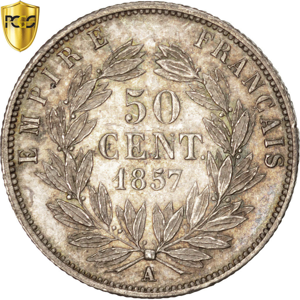 France, Napoleon III, 50 Centimes, 1857, Paris, Silver, PCGS, MS(64)