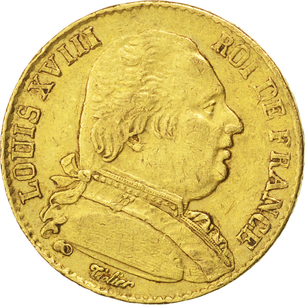 FRANCE, 20 Francs Or, 1815, Perpignan, KM #706.5, EF(40-45), Gold, Gadoury...
