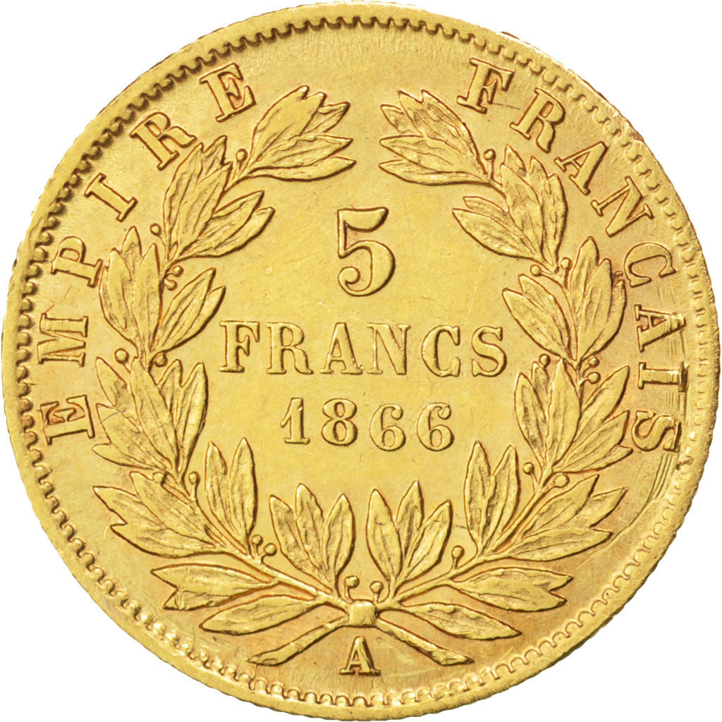 FRANCE, Napoléon III, 5 Francs, 1866, Paris, KM #803.1, VF(30-35), Gold, Gadoury