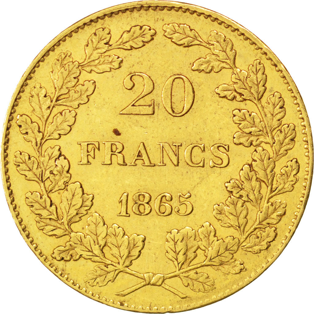 BELGIUM, 20 Francs, 20 Frank, 1865, KM #23, AU(55-58), Gold, 6.45