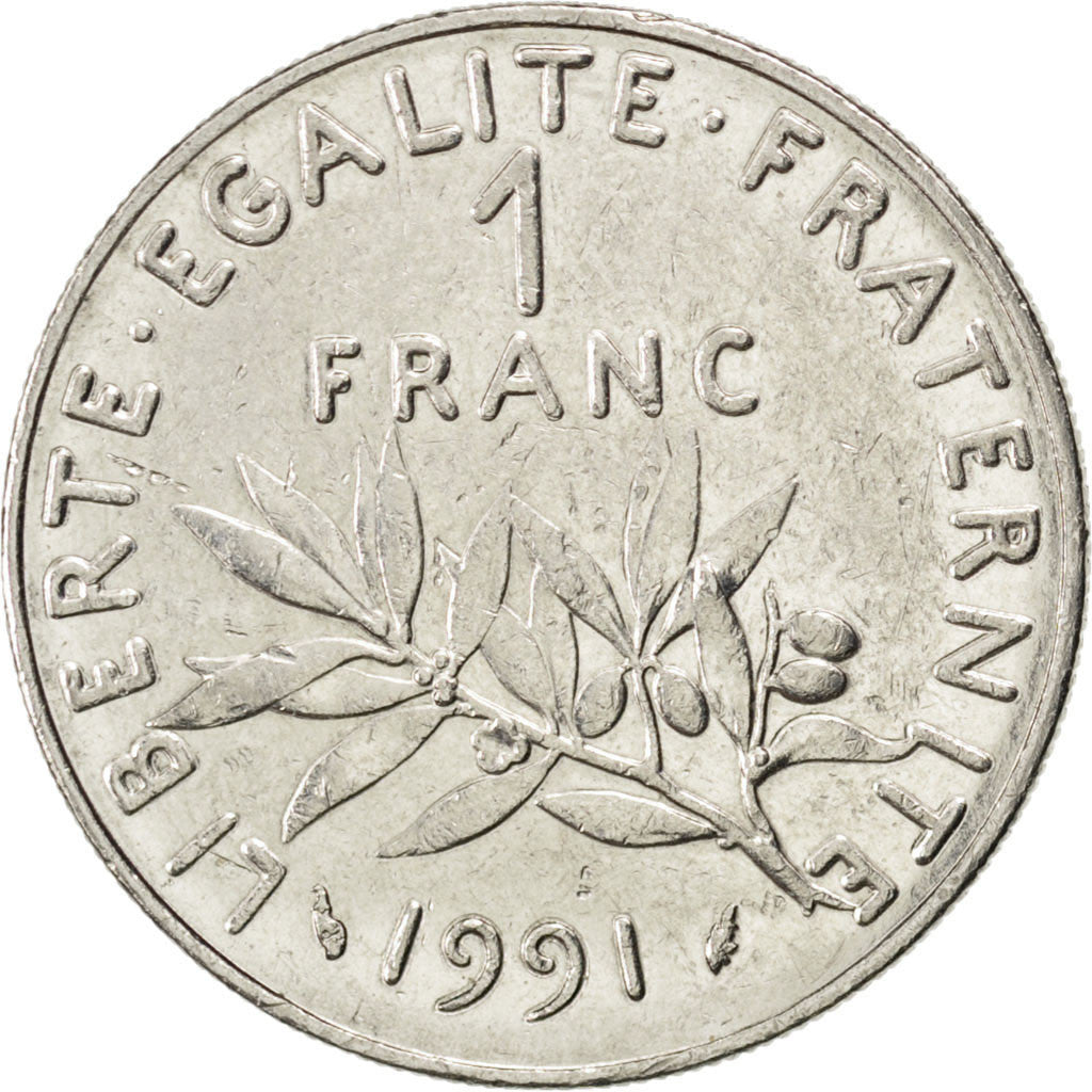 FRANCE, Semeuse, Franc, 1991, Paris, KM #925.1, AU(55-58), Nickel, 24, Gadoury..