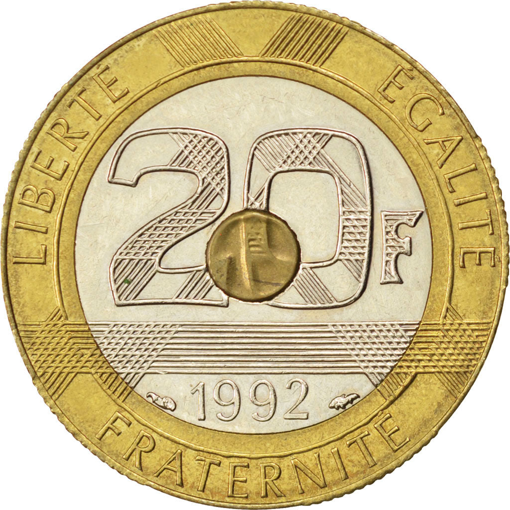 FRANCE, 20 Francs, 1992, KM #1008.1, EF(40-45), Bronze-Aluminium, Gadoury #871,.