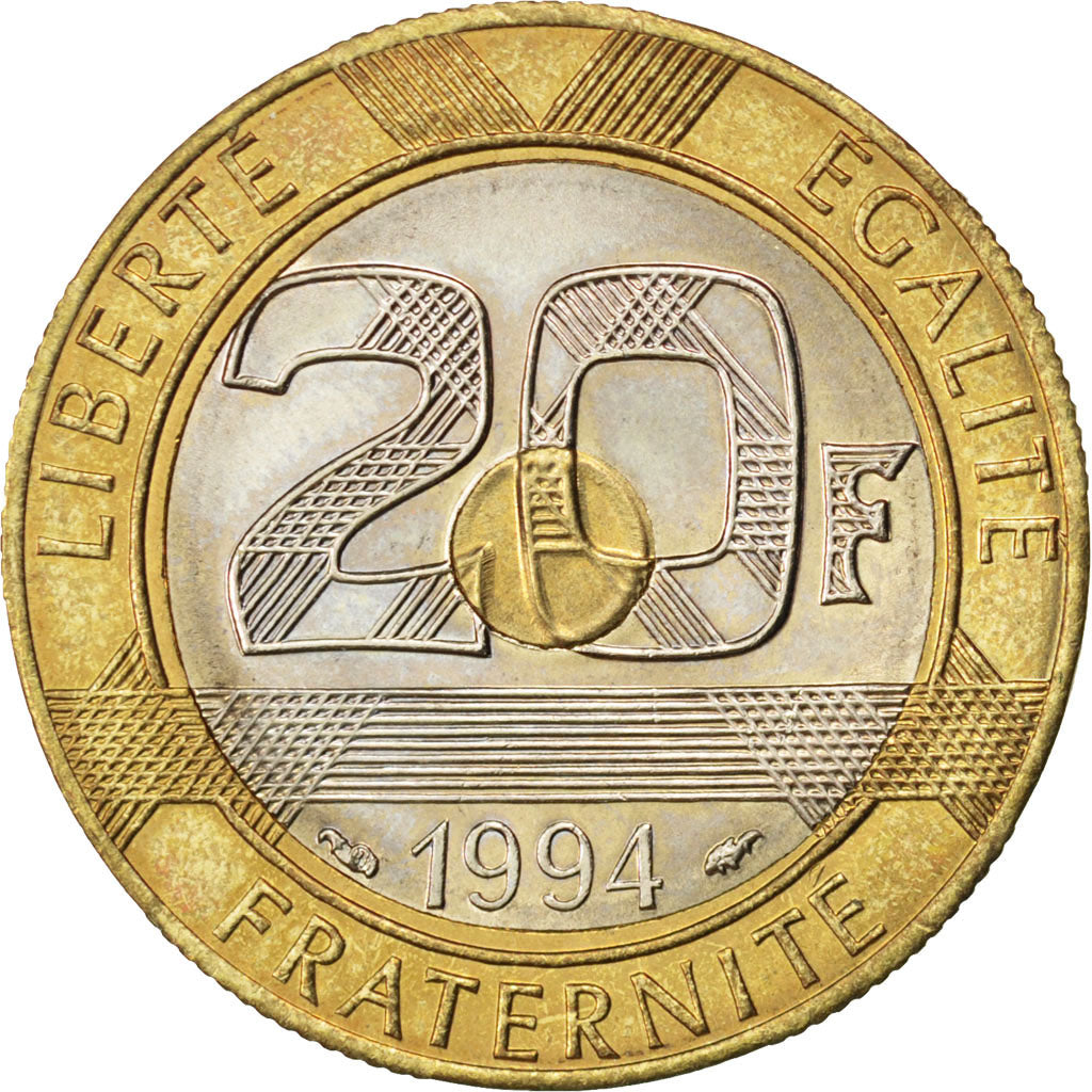 FRANCE, 20 Francs, 1994, KM #1008.2, AU(55-58), Bronze-Aluminium, Gadoury #871,.