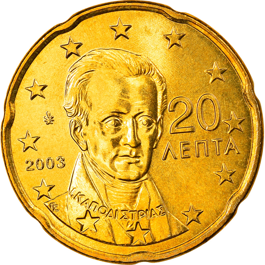 Grecja, 20 Euro Cent, 2003, Athens, MS(65-70), Mosiądz, KM:185