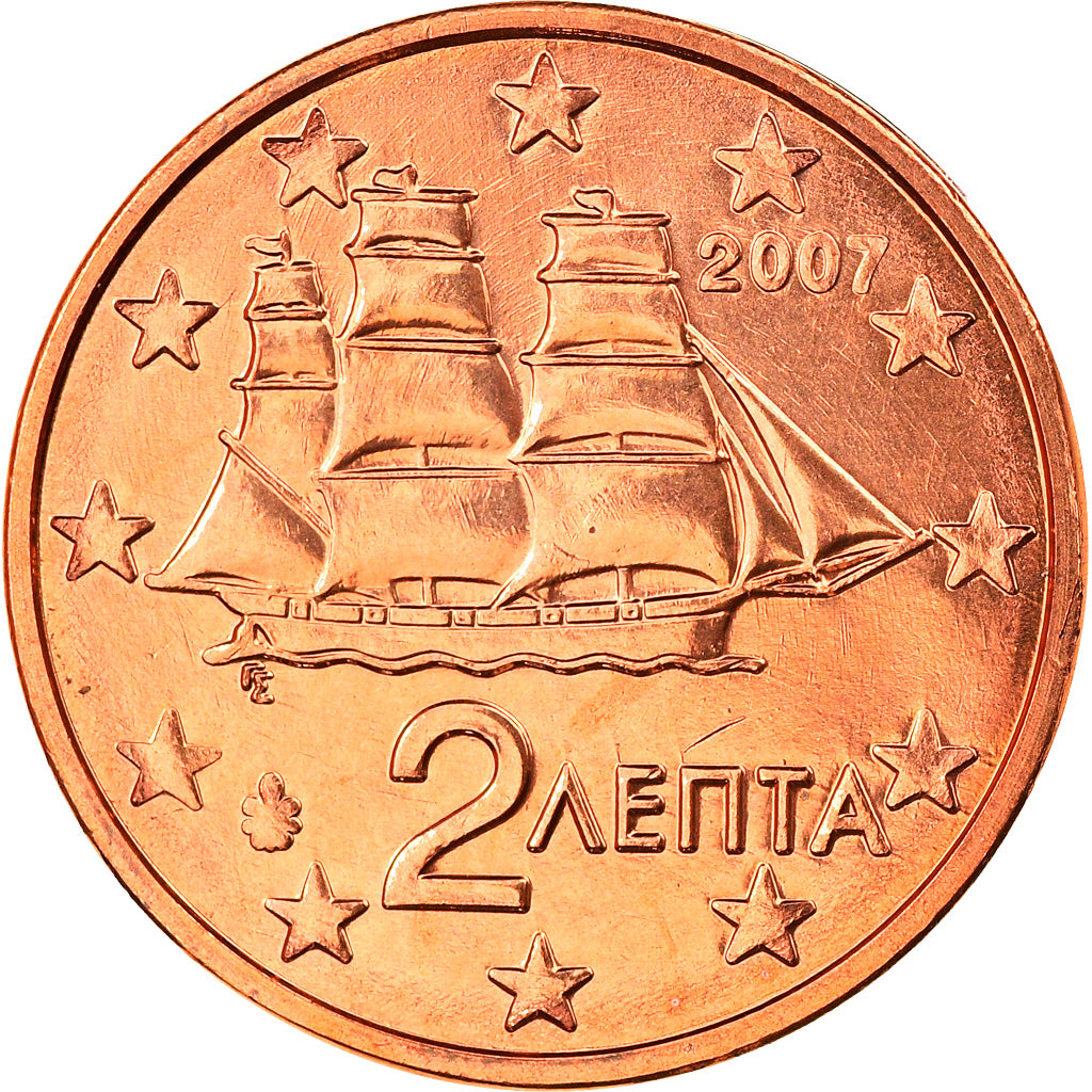 Grécia, 2 Euro Cent, 2007, Athens, MS(65-70), Aço Cromado a Cobre, KM:182