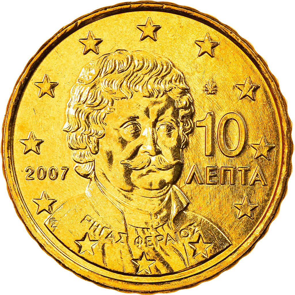 Grécia, 10 Euro Cent, 2007, Athens, MS(65-70), Latão, KM:211