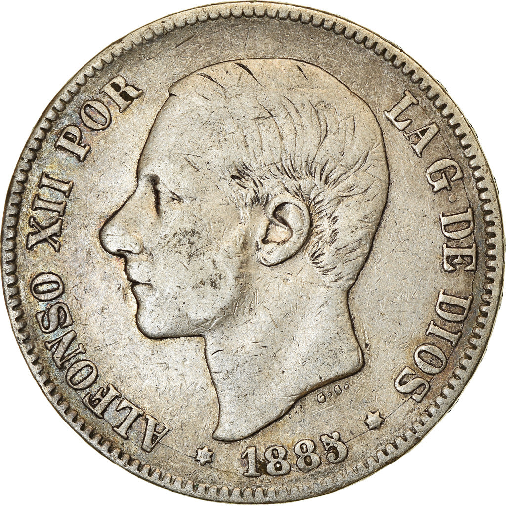 Moneda, España, Alfonso XII, 5 Pesetas, 1885 (87), Madrid, BC+, Plata, KM:688