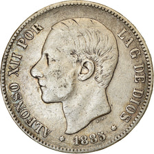 Moneda, España, Alfonso XII, 5 Pesetas, 1885 (87), Madrid, BC+, Plata, KM:688