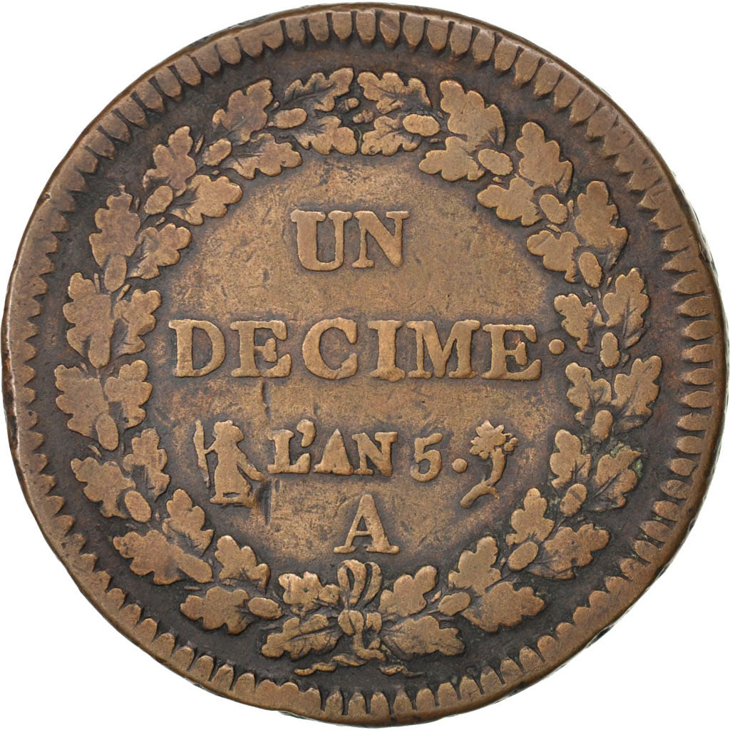 FRANCE, 1 Décime, 1797, Paris, KM #644.1, VF(30-35), Bronze, Gadoury #187, 18.42