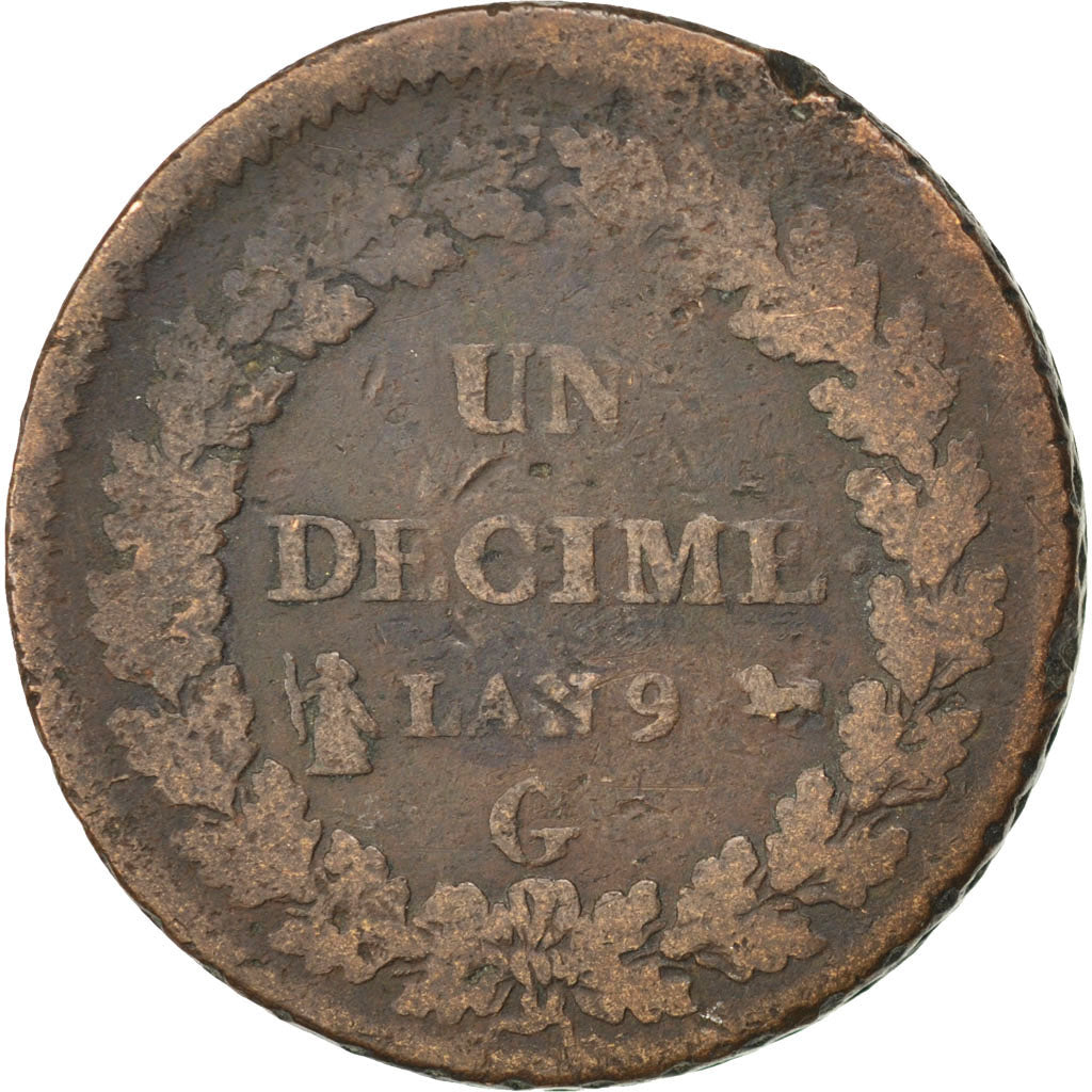 FRANCE, Dupré, Decime, 1801, Geneva, KM #644.6, VG(8-10), Bronze, Gadoury #187a,