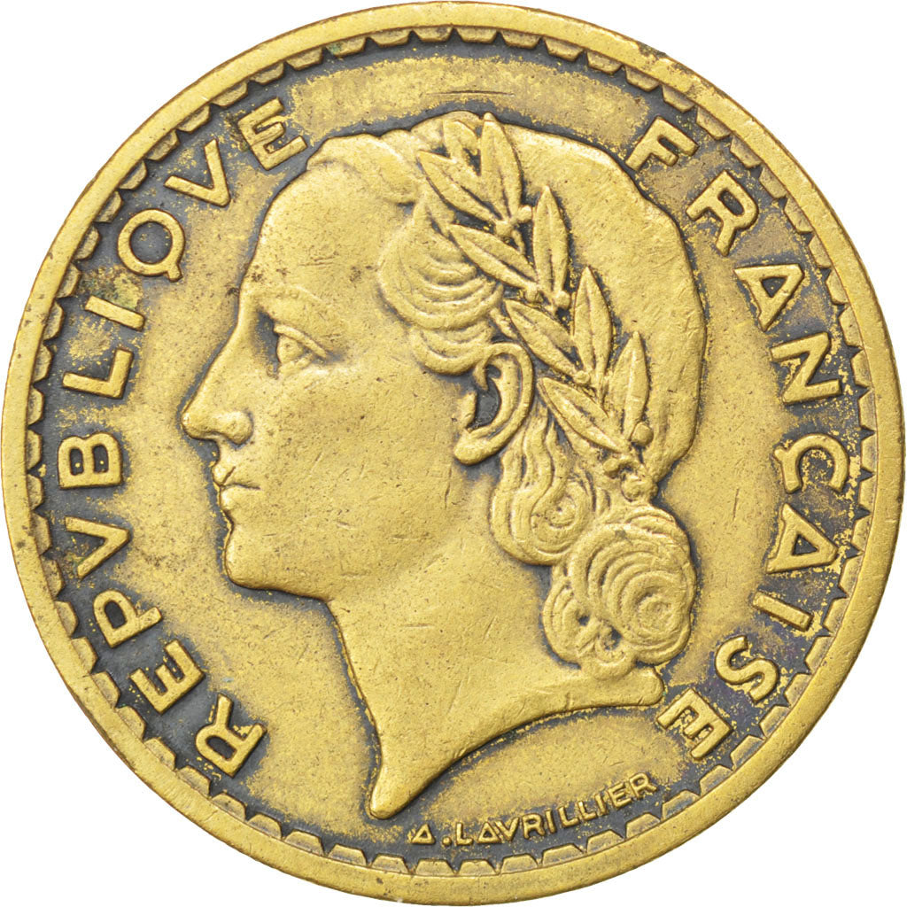 FRANCE, Lavrillier, 5 Francs, 1938, KM #888a.1, VF(20-25), Aluminum-Bronze, 31,.