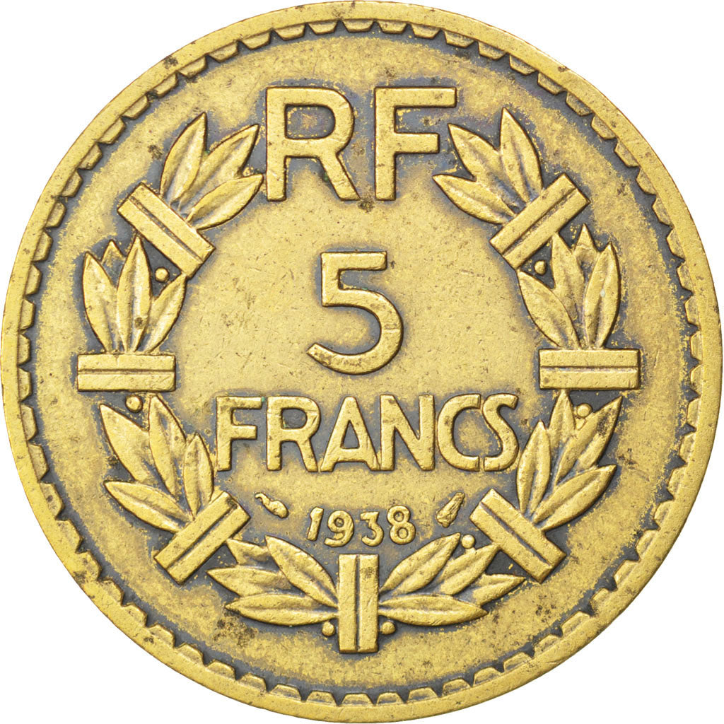 FRANCE, Lavrillier, 5 Francs, 1938, KM #888a.1, VF(20-25), Aluminum-Bronze, 31,.