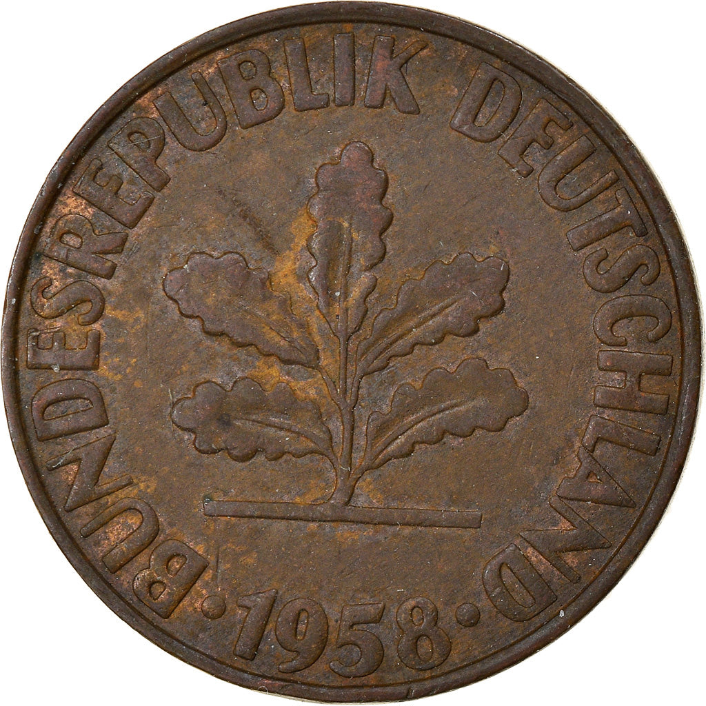 Coin, GERMANY - FEDERAL REPUBLIC, 2 Pfennig, 1958, Karlsruhe, EF(40-45), Bronze