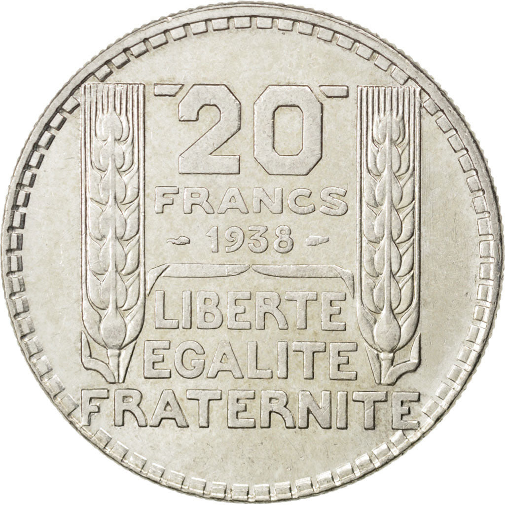 FRANCE, Turin, 20 Francs, 1938, Paris, KM #879, AU(55-58), Silver, 35, Gadoury..