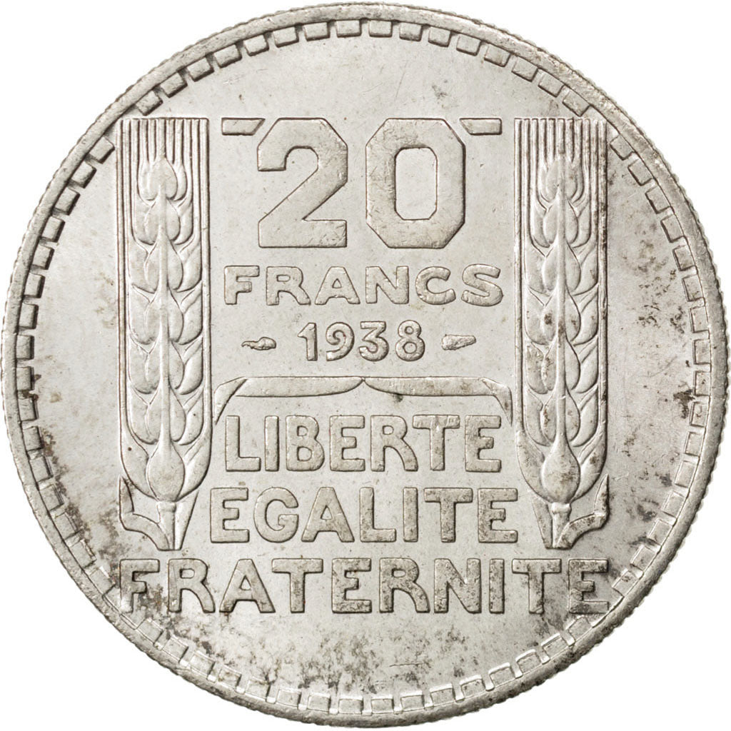 FRANCE, 20 Francs, 1938, KM #879, MS(60-62), Silver, Gadoury #852, 19.93