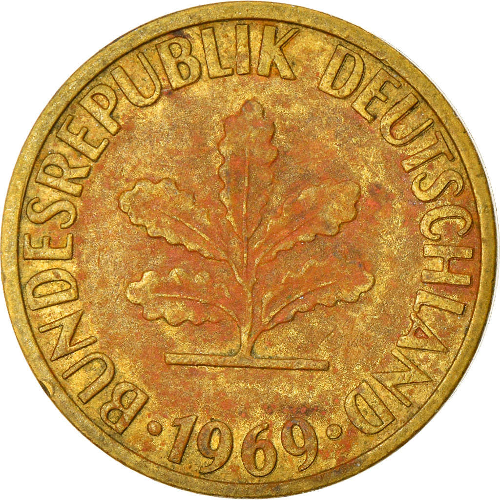 Moneda, ALEMANIA - REPÚBLICA FEDERAL, 5 Pfennig, 1969, Karlsruhe, MBC, Latón