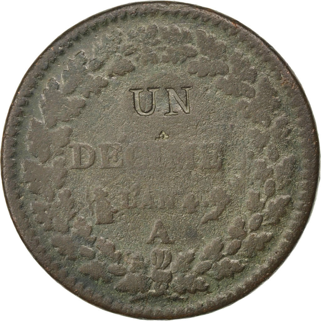 FRANCE, Dupré, Decime, 1796, Paris, KM #637.1, F(12-15), Bronze, 31, Gadoury #..