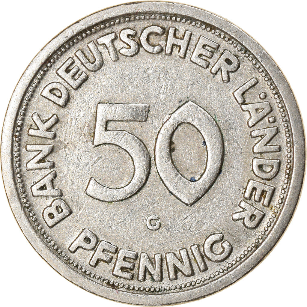 Moneda, ALEMANIA - REPÚBLICA FEDERAL, 50 Pfennig, 1949, Karlsruhe, MBC, Cobre -