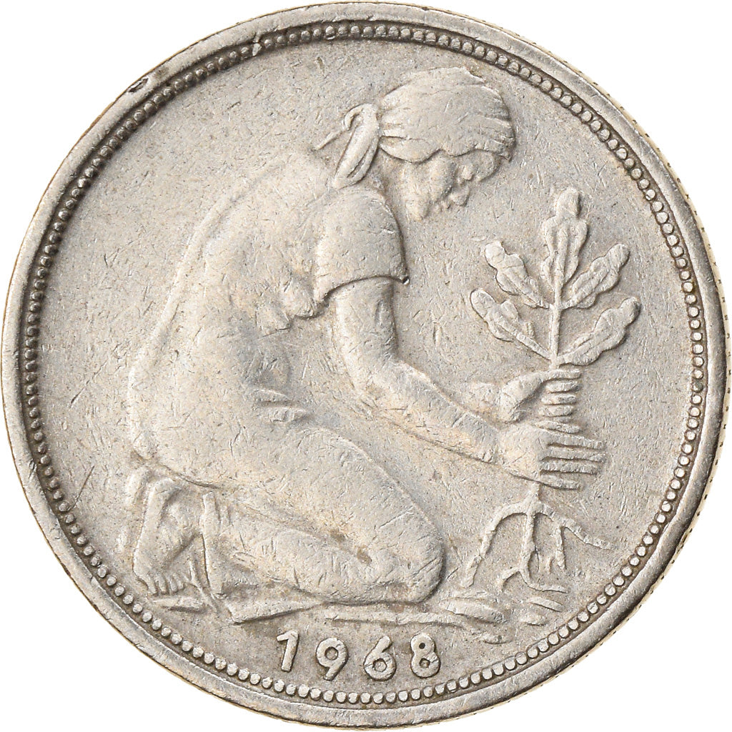 Moneda, ALEMANIA - REPÚBLICA FEDERAL, 50 Pfennig, 1968, Munich, MBC, Cobre -