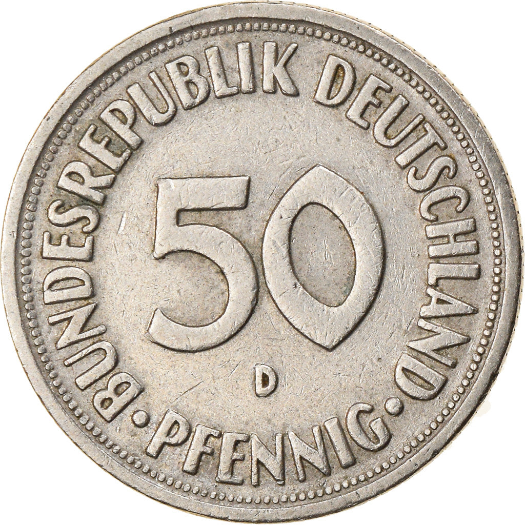 Moneda, ALEMANIA - REPÚBLICA FEDERAL, 50 Pfennig, 1968, Munich, MBC, Cobre -