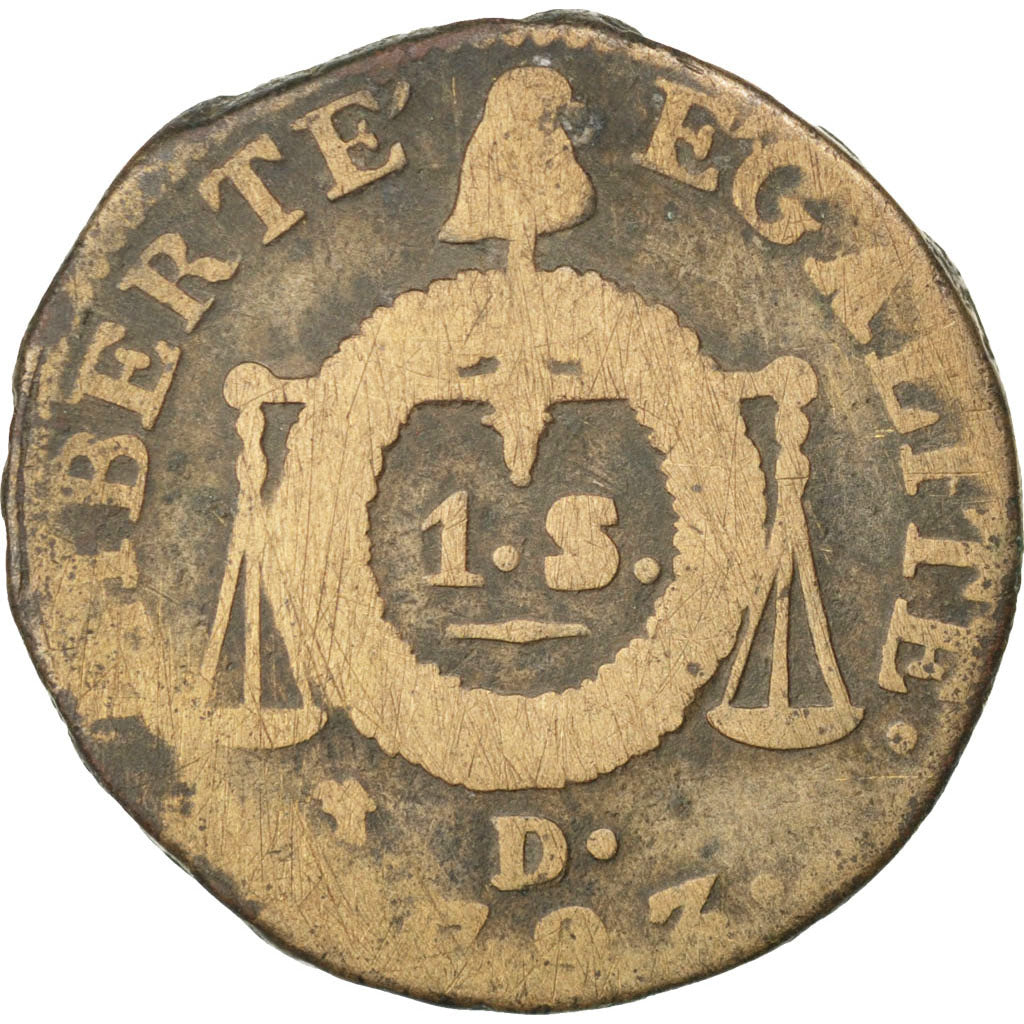 Francia, Sol aux balances françoise, Sol, 1793, Lyon, B, Bronzo, KM:619.5, G...