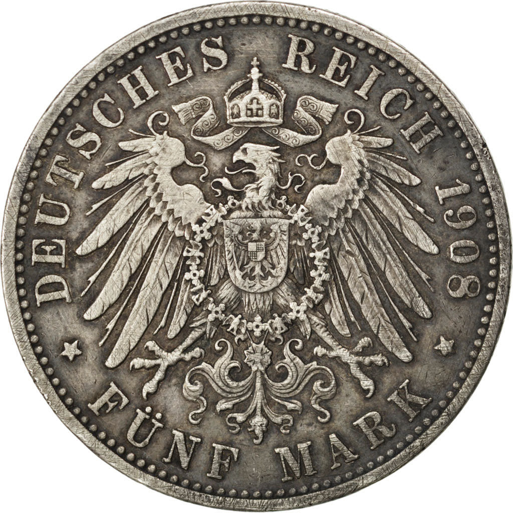 German States, 5 Mark, 1908, Karlsruhe, KM #281, VF(30-35), Silver, 38, 27.72